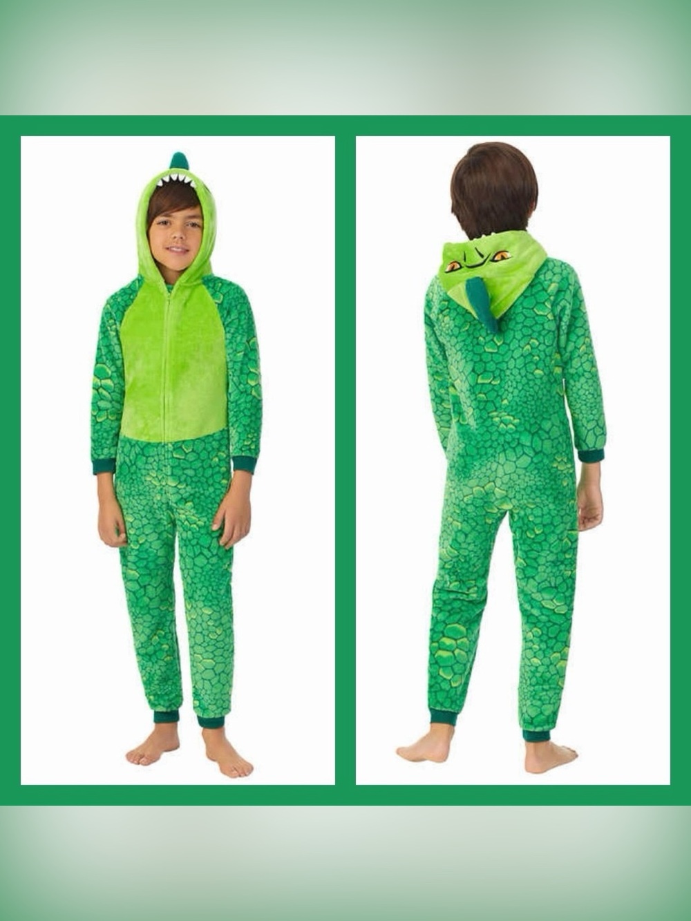 Saint Eve Boys Green Dino Youth Hooded Fleece Sleeper Size L 14/16